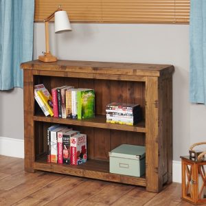 Alena Low Wooden Bookcase In Rough Sawn Oak With 2 Shelves, MySmallSpace UK
