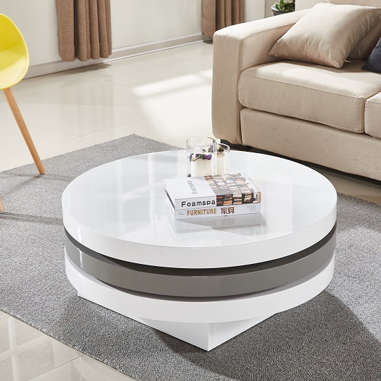 Triplo Rotating Coffee Table In White, White Gloss Round Coffee Table