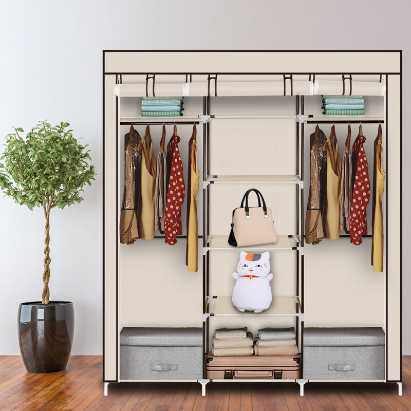 UDEAR Double Hanger Wardrobe Non-Woven Fabric Clothes Storage Organiser Cabinet White 