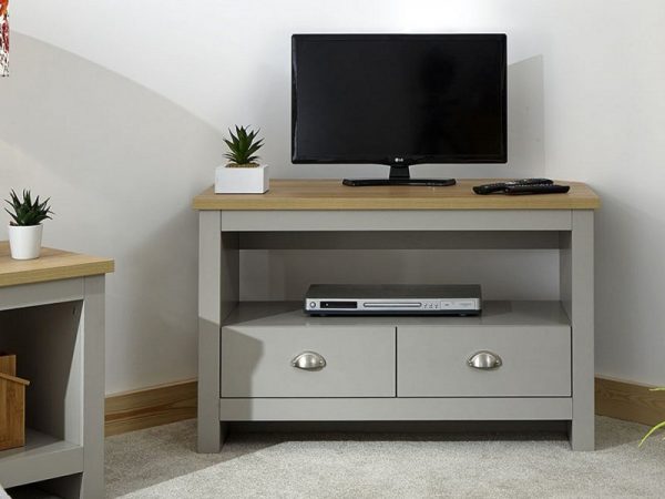 GFW Lancaster Grey and Oak 2 Drawer Corner TV Cabinet Flat Packed, MySmallSpace UK