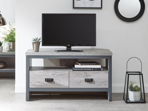GFW Boston Grey Wood Effect 2 Drawer Corner TV Cabinet Flat Packed, MySmallSpace UK