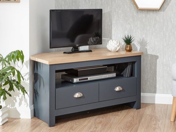 GFW Lancaster Slate Blue and Oak 2 Drawer Corner TV Cabinet Flat Packed, MySmallSpace UK