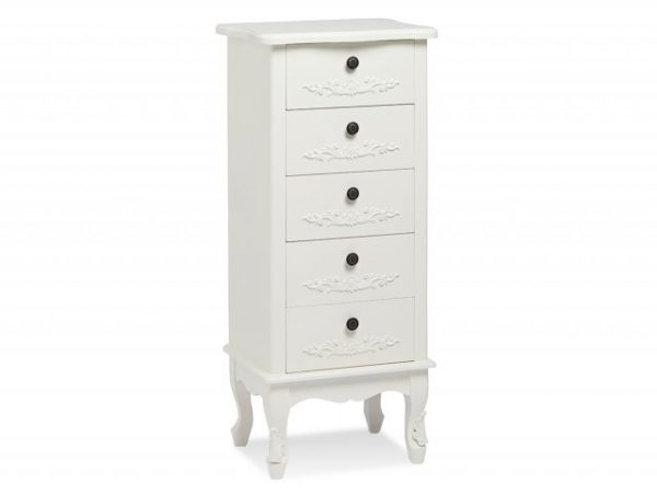 LPD Antoinette White 5 Drawer Tall Narrow Chest of Drawers Assembled, MySmallSpace UK