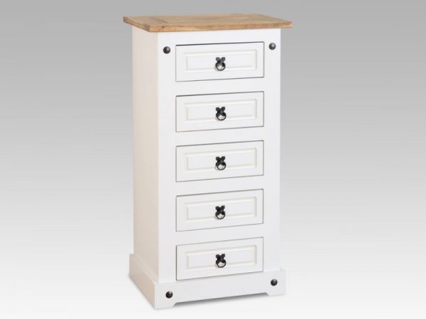 Seconique Corona White and Pine 5 Drawer Tall Narrow Chest of Drawers Flat Packed, MySmallSpace UK