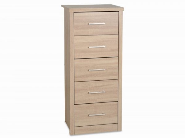 Seconique Lisbon Light Oak Effect 5 Drawer Tall Narrow Chest of Drawers Flat Packed, MySmallSpace UK