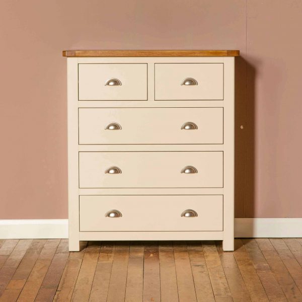 Padstow Cream 2 over 3 Chest of Drawers with Oak Top | Solid Wood, MySmallSpace UK