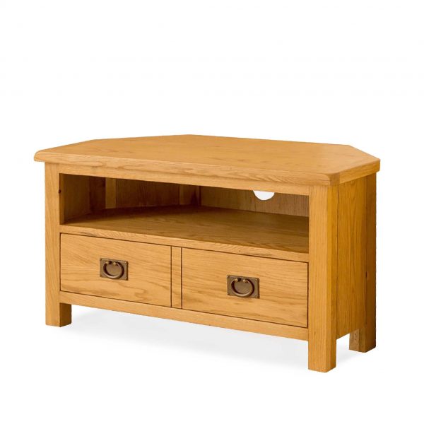 Lanner Waxed Oak Corner TV Stand With Drawer, For Screens Up To 46&#8243;, MySmallSpace UK