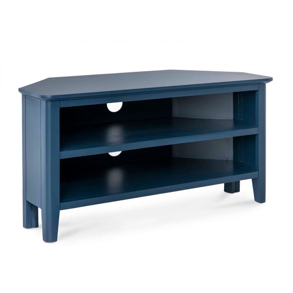 Stirling Blue Corner TV Stand, 95cm Solid Wood Media Cabinet, MySmallSpace UK