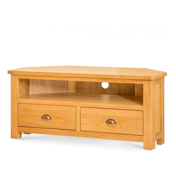 Roseland Oak Corner TV Stand with Drawer, Screens Up To 56&#8243; | Waxed, MySmallSpace UK