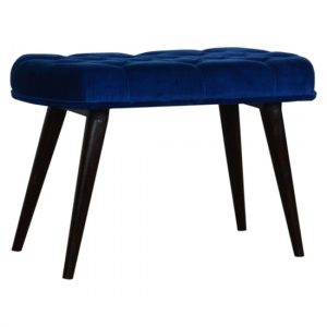 aqua-velvet-deep-button-hallway-bench-royal-blue-walnut
