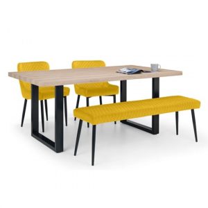 berwick-oak-dining-table-luxe-bench-2-mustard-chairs