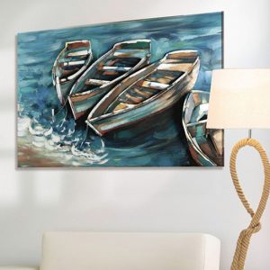 boat-on-shore-picture-metal-wall-art-blue-brown
