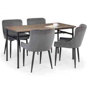 clemson-dining-table-mocha-elm-4-luxe-grey-chairs