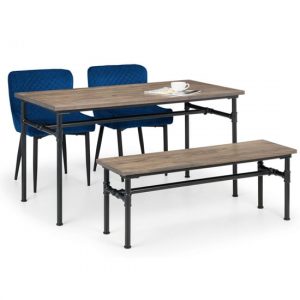 clemson-dining-table-mocha-elm-bench-2-luxe-blue-chairs