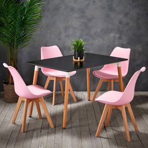 fraser-dining-table-black-4-louvre-baby-pink-chairs