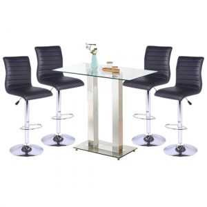 jet-glass-bar-table-4-black-leather-ripple-stools