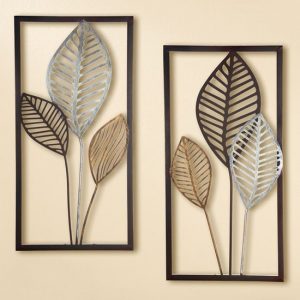 leaves-metal-set-of-2-wall-art-brown-gold-silver