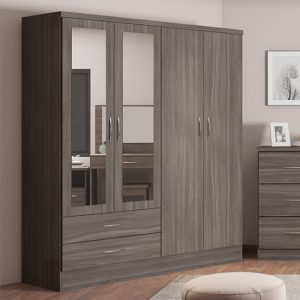 mack-mirrored-wardrobe-4-door-2-drawer-black-wood-grain