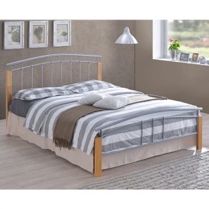 tetron-metal-double-bed-silver-beech-wooden-posts
