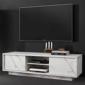 Corvi-TV-Stand-White-Marble-Effect-2-Doors-1-Shelf-New