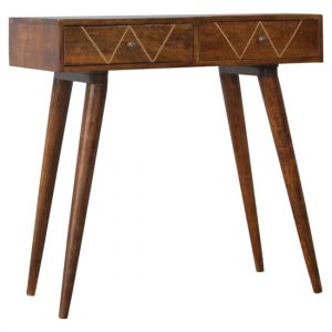 amish-wooden-brass-inlay-console-table-chestnut-2-drawer