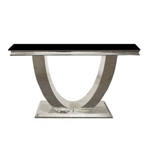 avon-black-glass-console-table-polished-steel-base