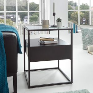 ercolano-clear-glass-side-table-1-drawer-black